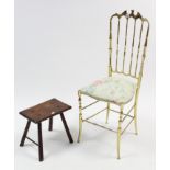 A brass spindle-back occasional chair with padded seat & on shaped legs; & a rustic-style stool with