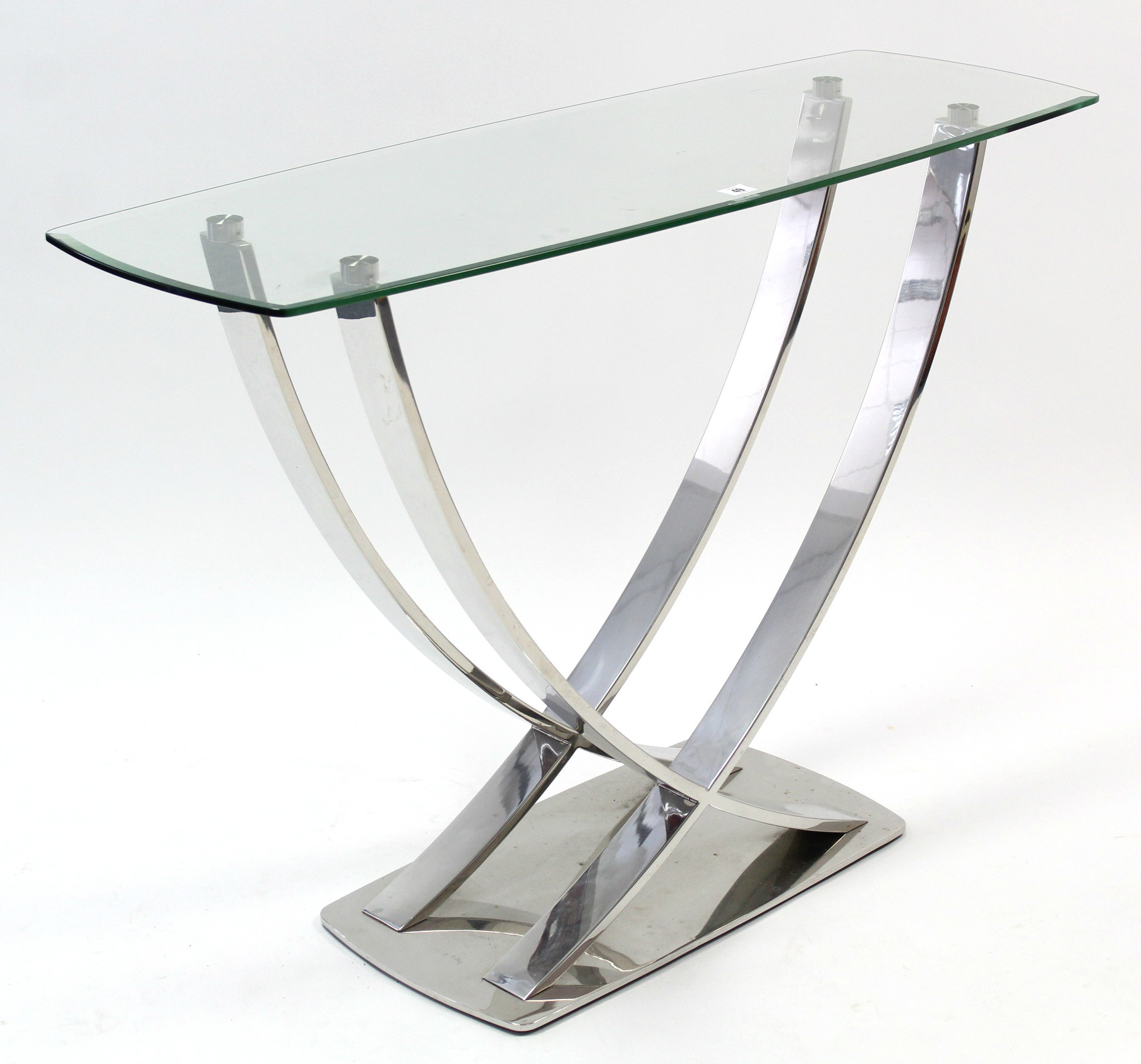 A John Lewis “Moritz” console table on stylised chrome-finish base, & with bevelled plate-glass top,