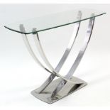A John Lewis “Moritz” console table on stylised chrome-finish base, & with bevelled plate-glass top,