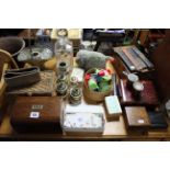 A 19th century mahogany two-division tea caddy, 7¼” high; a 19th century trinket box; a cut-glass