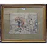 A late 19th century coloured lithograph depicting a mountain pass with horses & figures to the