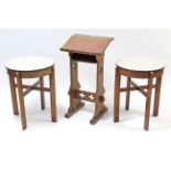 n oak lecturn on shaped end supports, 17" wide x 32.5" high; a pair of circular occasional tables