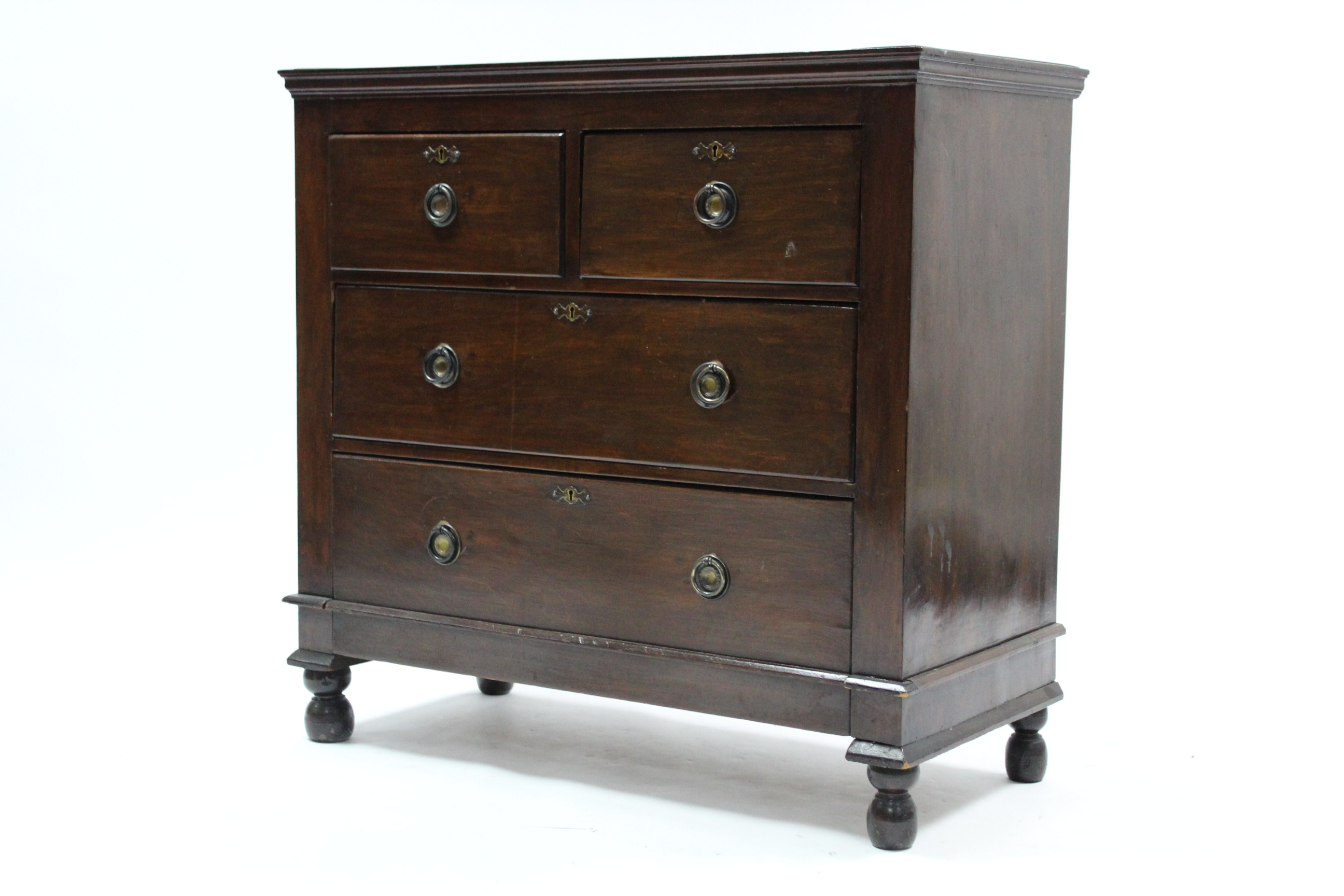 A late 19th century mahogany small chest, fitted two short & two long graduated drawers with iron