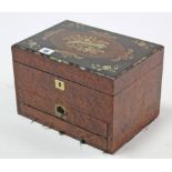 A Victorian mother-of-pearl inlaid burr wood needlework box/writing slope with fitted interior,