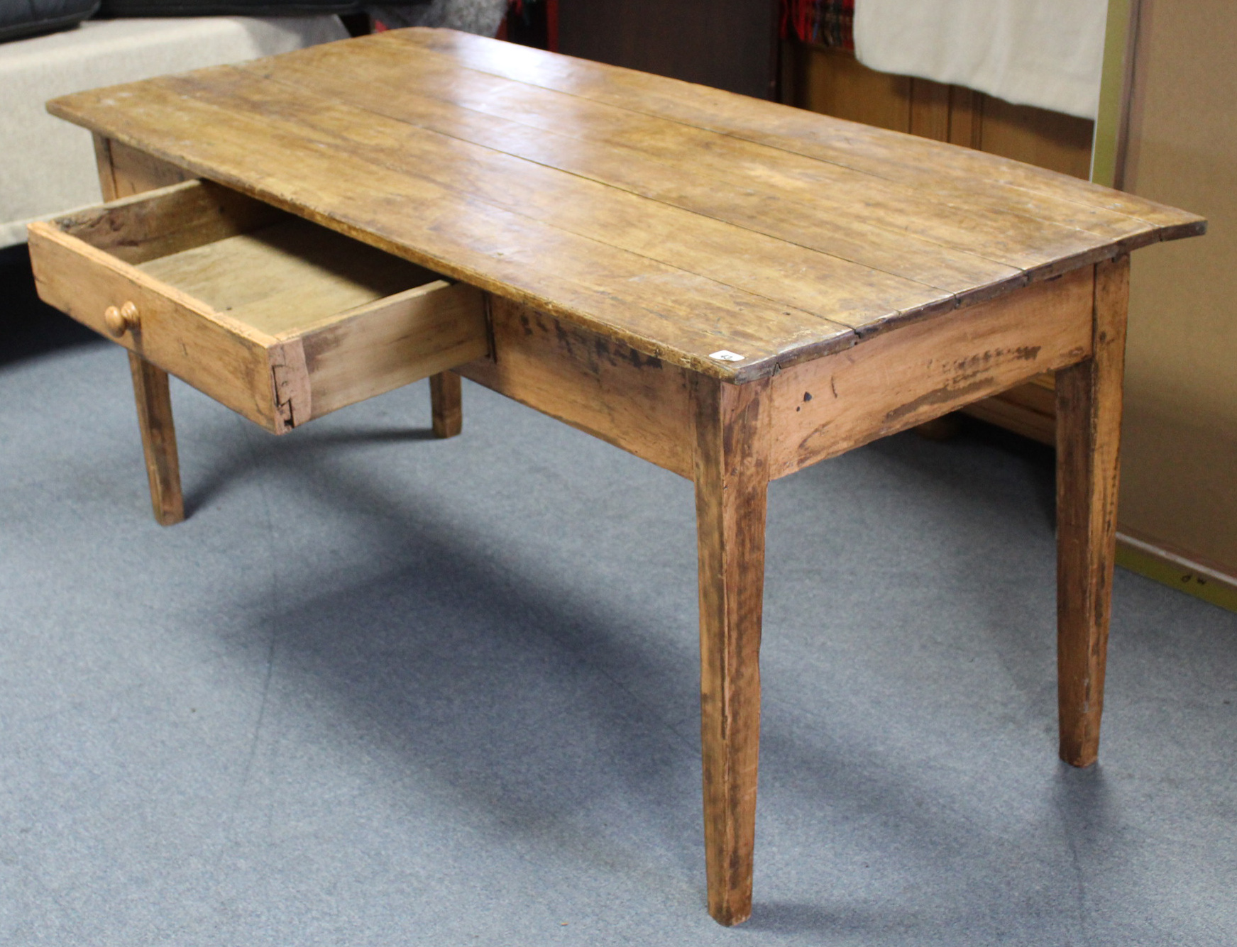 A FARMHOUSE TABLE with five-board rectangular top, fitted frieze drawer, & on square tapered legs, - Image 4 of 4