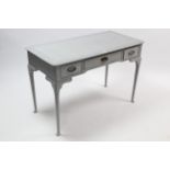 A light grey painted mahogany kneehole desk fitted three frieze drawers, &on slender cabriole legs &