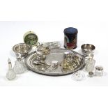 Five glass receptacles, each with silver mount; a silver napkin ring; various items of platedware,