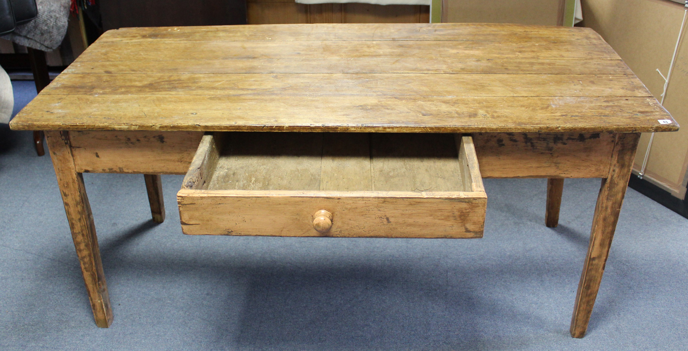 A FARMHOUSE TABLE with five-board rectangular top, fitted frieze drawer, & on square tapered legs, - Image 2 of 4