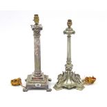 A silver plated Corinthian-style table lamp; & another silver plated table lamp on triform base.