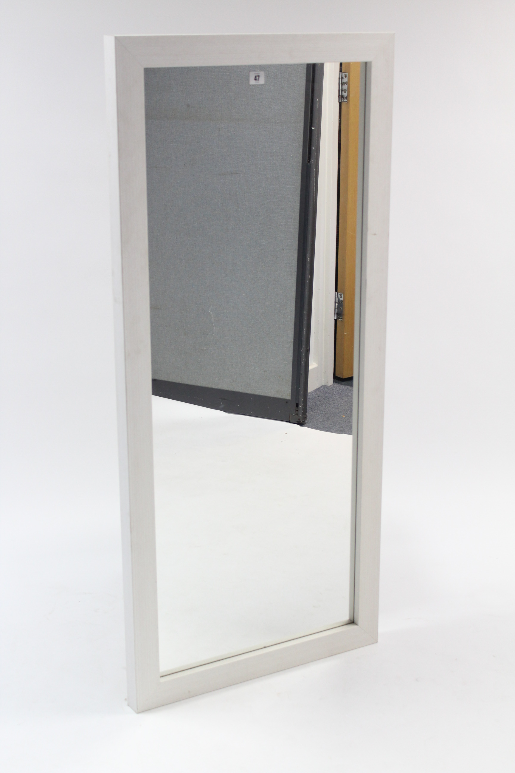 A large rectangular wall mirror in white-finish frame, 51½” x 23¼”; & a large square wall mirror