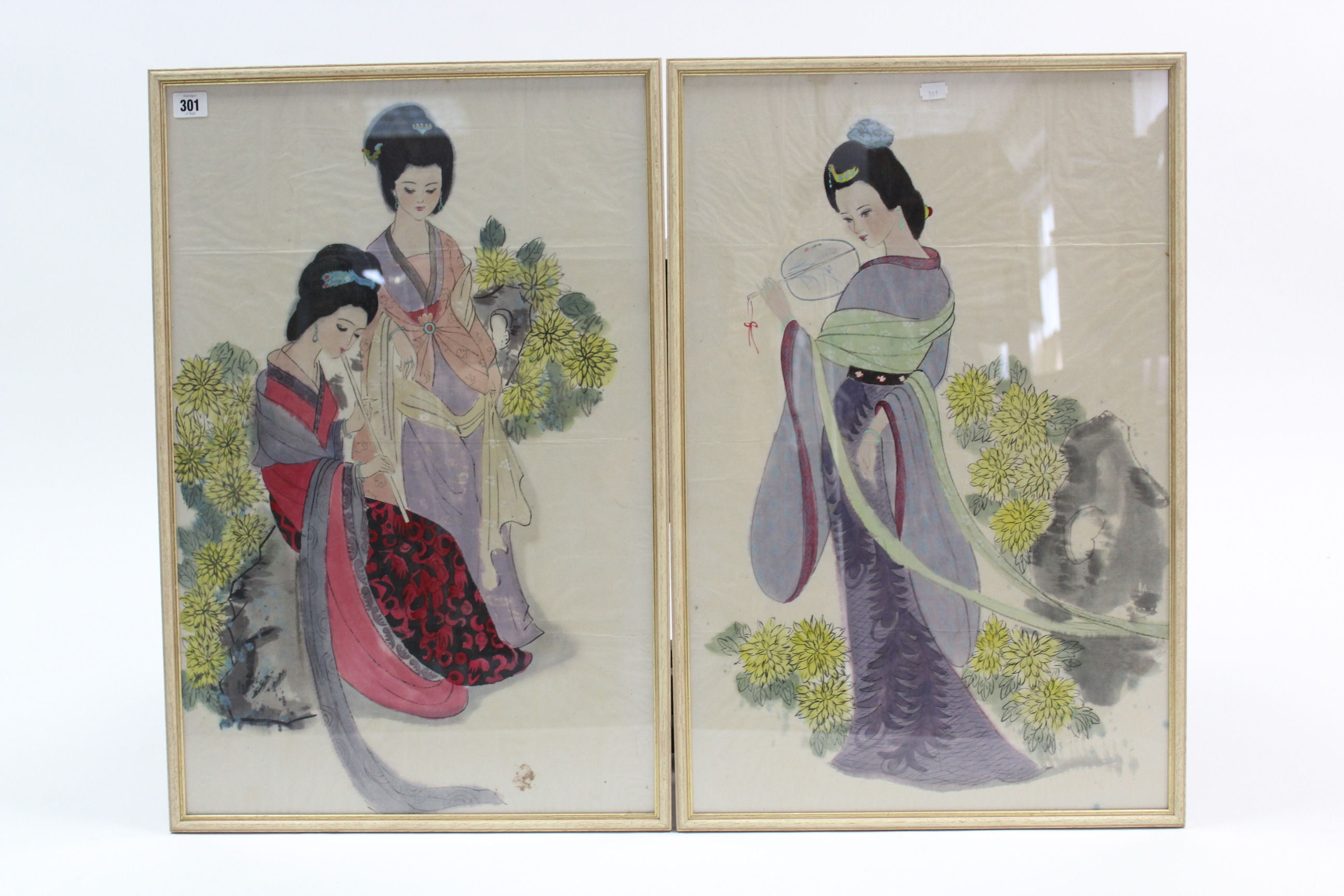 A pair of Japanese watercolour paintings – female figure scenes, 26¼” x 17”; & a pair of oriental