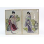 A pair of Japanese watercolour paintings – female figure scenes, 26¼” x 17”; & a pair of oriental