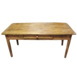 A FARMHOUSE TABLE with five-board rectangular top, fitted frieze drawer, & on square tapered legs,