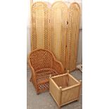 A rattan tall four-fold draught screen inset woven cane panels, 81” high; a rattan armchair with