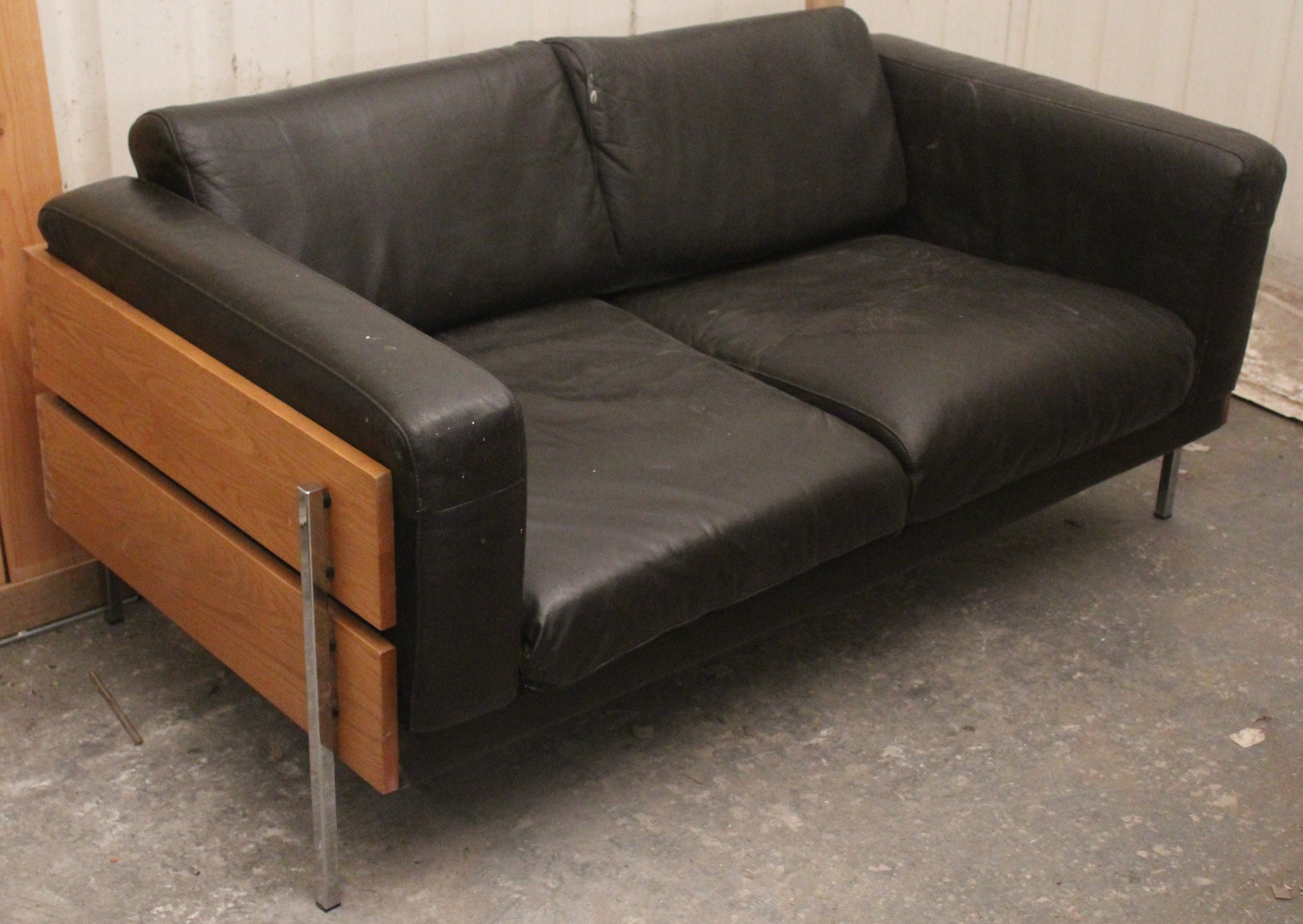 A Habitat brown leatherette & pine frame two-seater settee after a design by Robin Day, 59” long. - Image 2 of 2