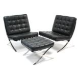 A PAIR OF CHROME-FINISH & BUTTONED BLACK LEATHER “BARCELONA” CHAIRS, & A DITTO STOOL, after a design