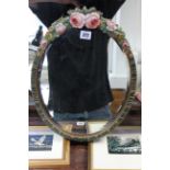 A Barbola-type oval wall mirror, 17" x 13"; & various decorative pictures & photograph frames.