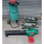 A Bosch “AXT Rapid 2200” garden shredder; a Qualcast leaf blower, both w.o.; & various hand