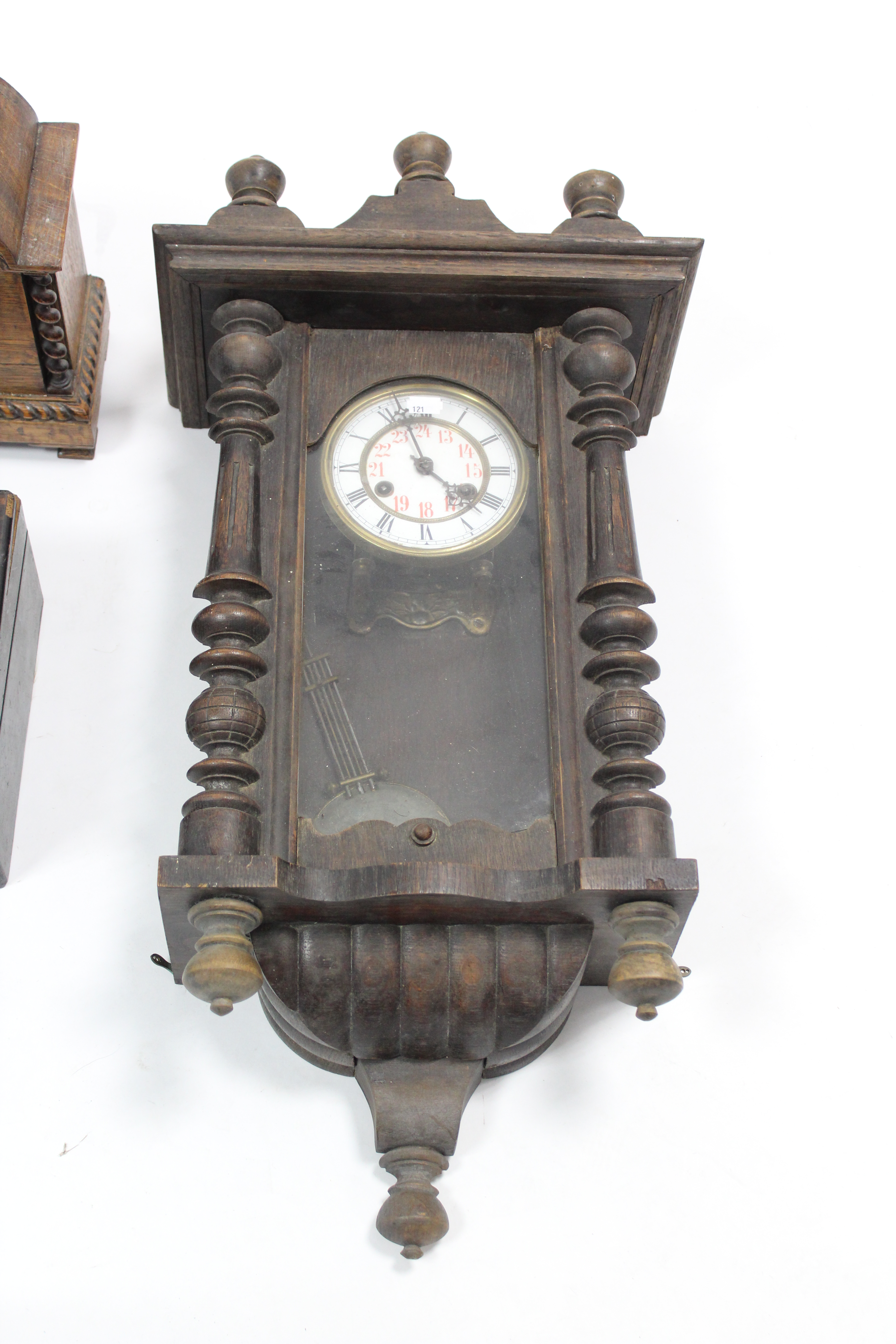 An early-mid 20th century mantel clock with striking movement, & in oak case, 11” high; a 24-hour - Image 2 of 3