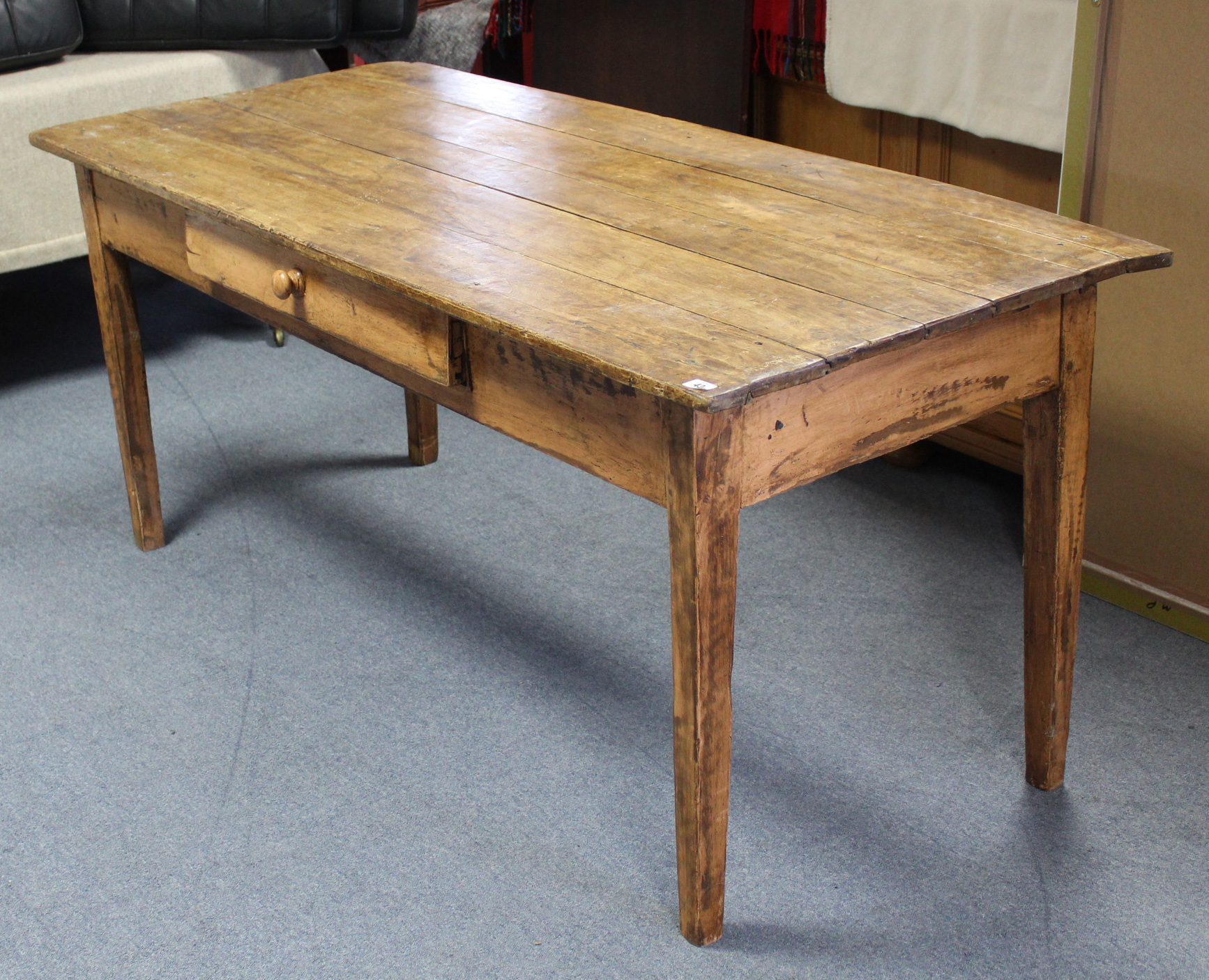 A FARMHOUSE TABLE with five-board rectangular top, fitted frieze drawer, & on square tapered legs, - Image 3 of 4