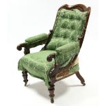 A Victorian carved oak-frame armchair with buttoned back & sprung seat, (requires re-