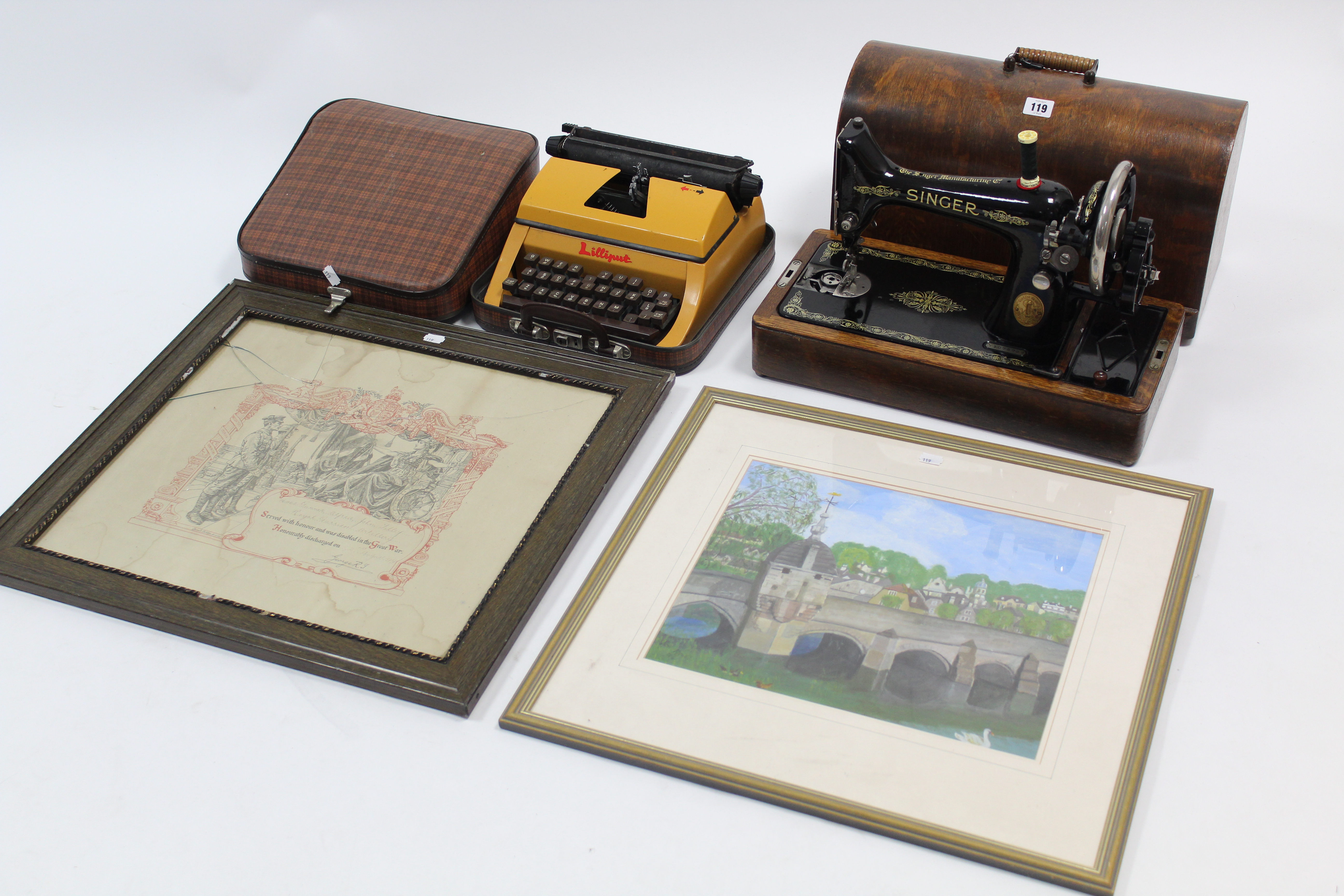 A Singer hand-sewing machine; a Lilliput portable typewriter, each with case; & various decorative