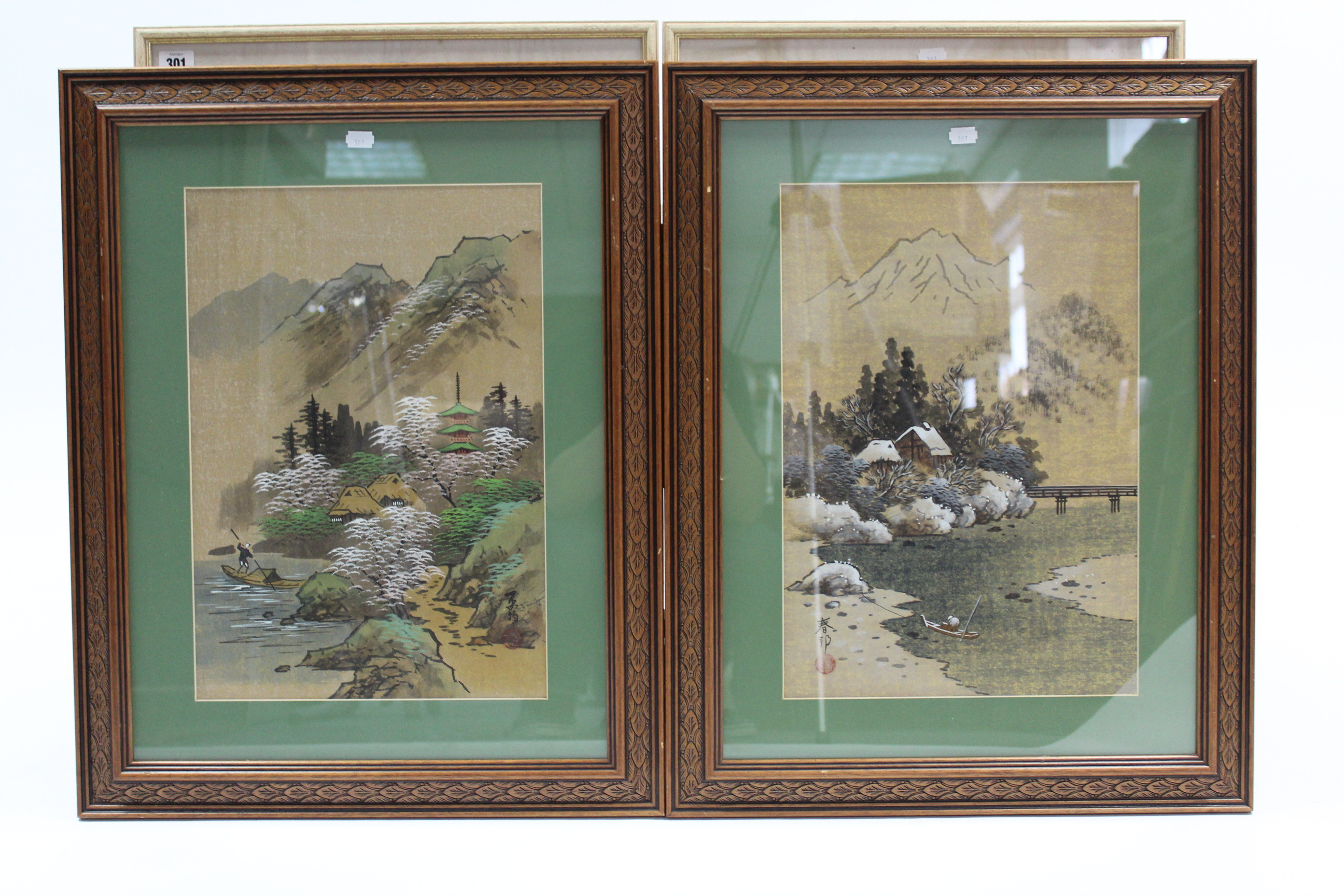 A pair of Japanese watercolour paintings – female figure scenes, 26¼” x 17”; & a pair of oriental - Image 2 of 2