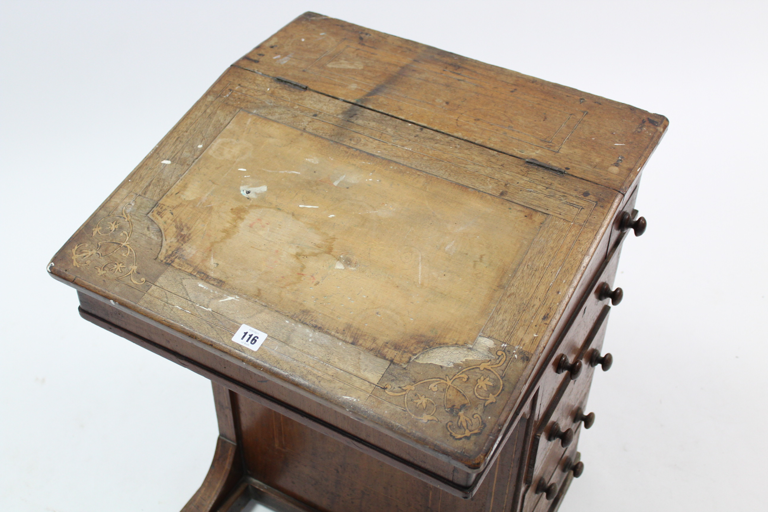 A 19th century inlaid-walnut davenport (lacking leather cloth), enclosed by fall-front, & fitted - Image 4 of 4