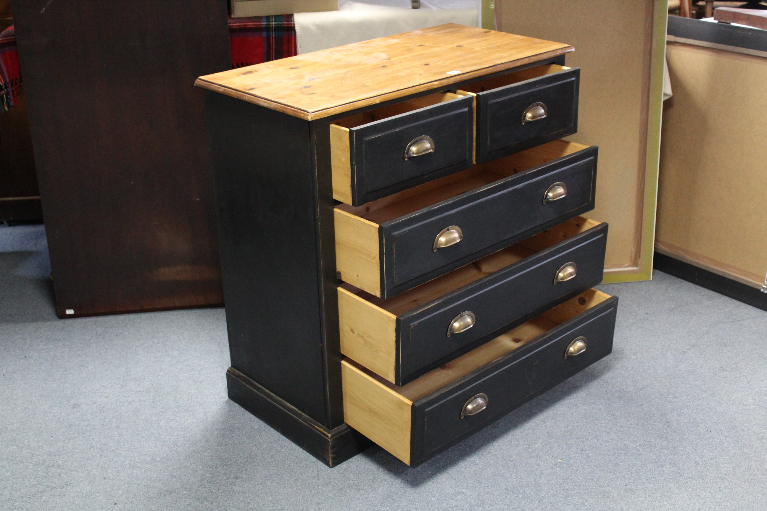 A natural & black painted pine chest fitted two short & three long drawers with brass cup handles, & - Image 2 of 3