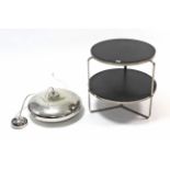 A chrome & black-finish circular two-tier coffee table, 19¾” diameter; & a John Lewis ceiling