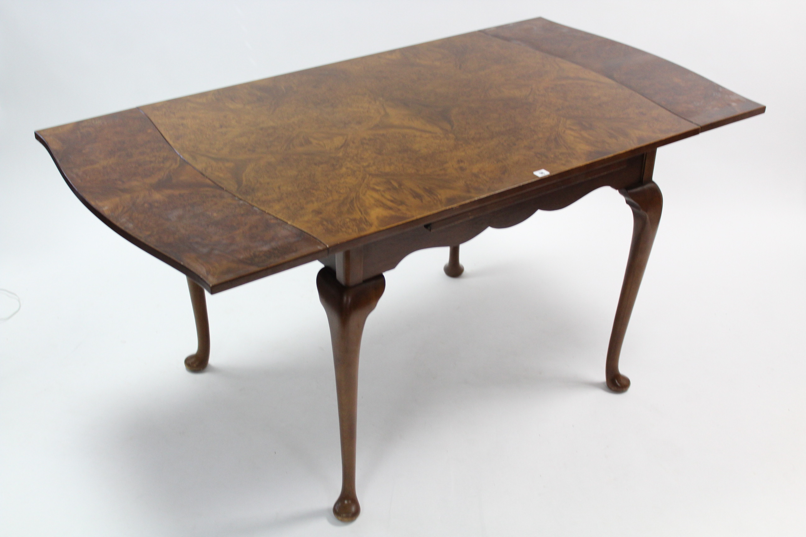A burr-wood draw-leaf dining table on slender cabriole legs & pad feet, 33” x 67” (open), & a - Image 3 of 4
