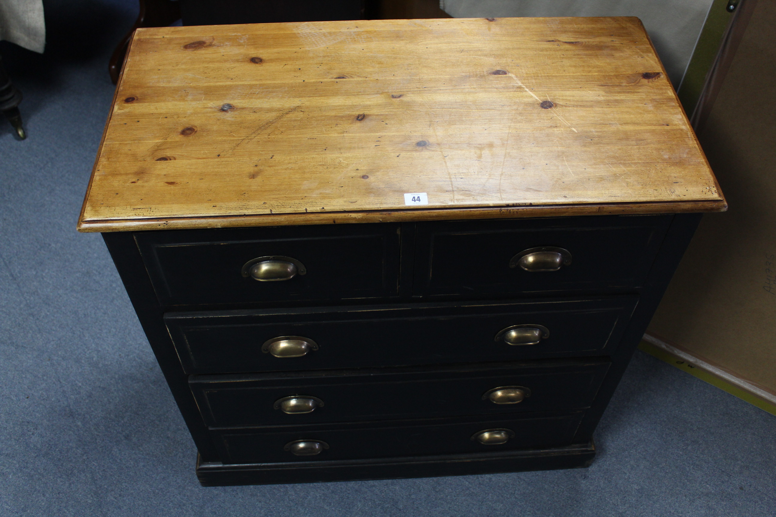 A natural & black painted pine chest fitted two short & three long drawers with brass cup handles, & - Image 3 of 3