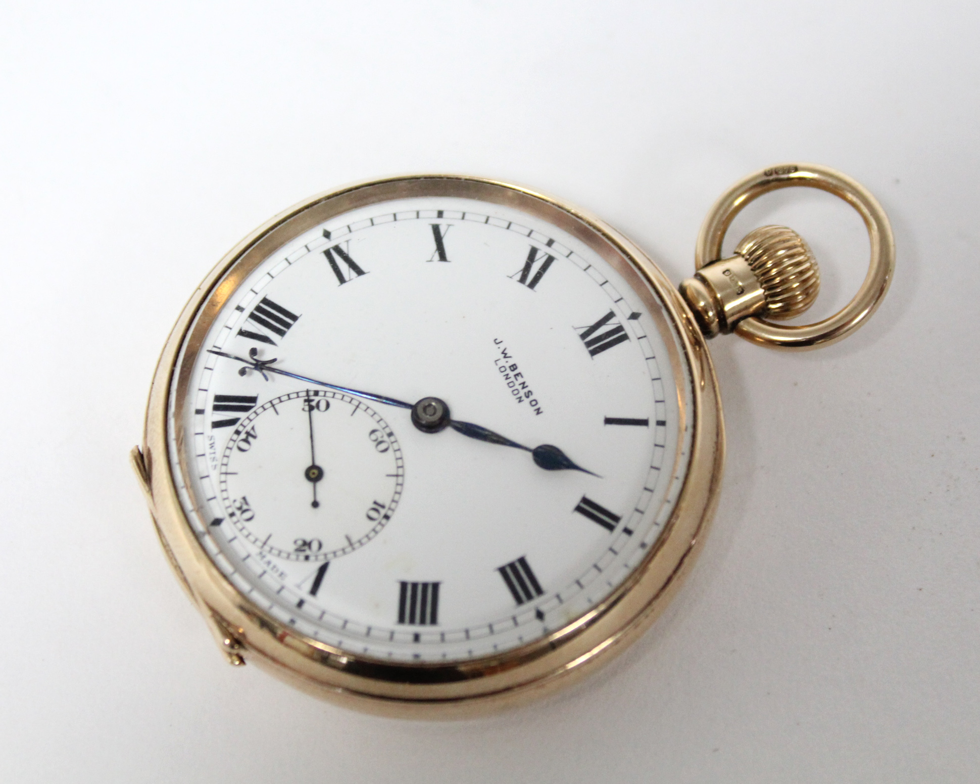 A 9ct. gold cased gent’s open-face pocket watch, the white enamel dial with black roman numerals & - Image 3 of 7