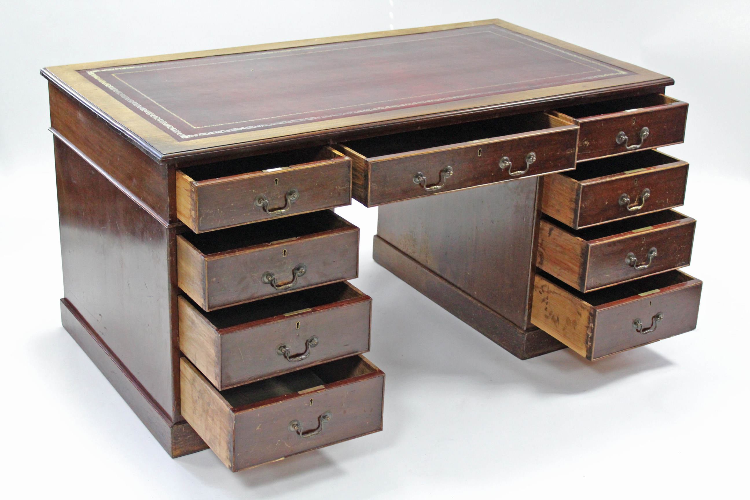 A George V mahogany pedestal desk with crimson tooled leather top, fitted nine drawers with brass - Image 4 of 10