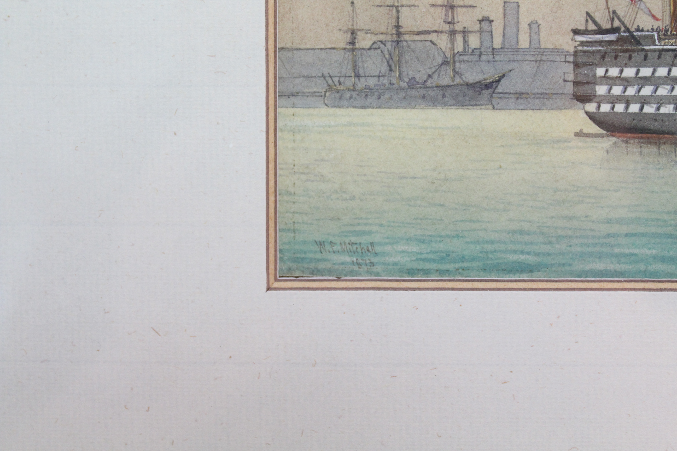 MITCHELL, William Frederick (1845-1914). A three deck Naval ship in harbour; signed & dated 1874 - Image 3 of 3