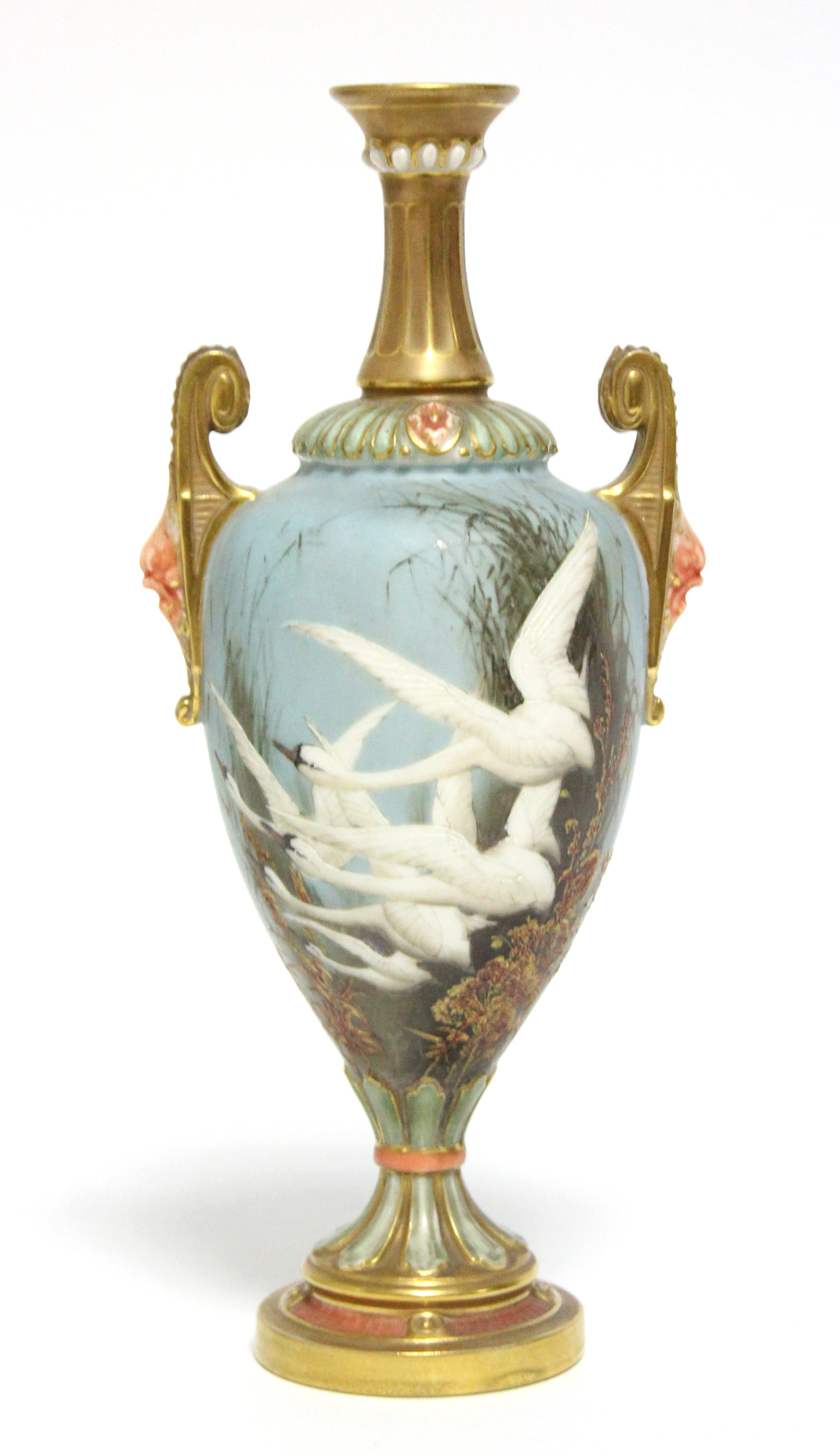 A ROYAL WORCESTER PORCELAIN TWO-HANDLED VASE, the slender ovoid body painted with swans in flight by