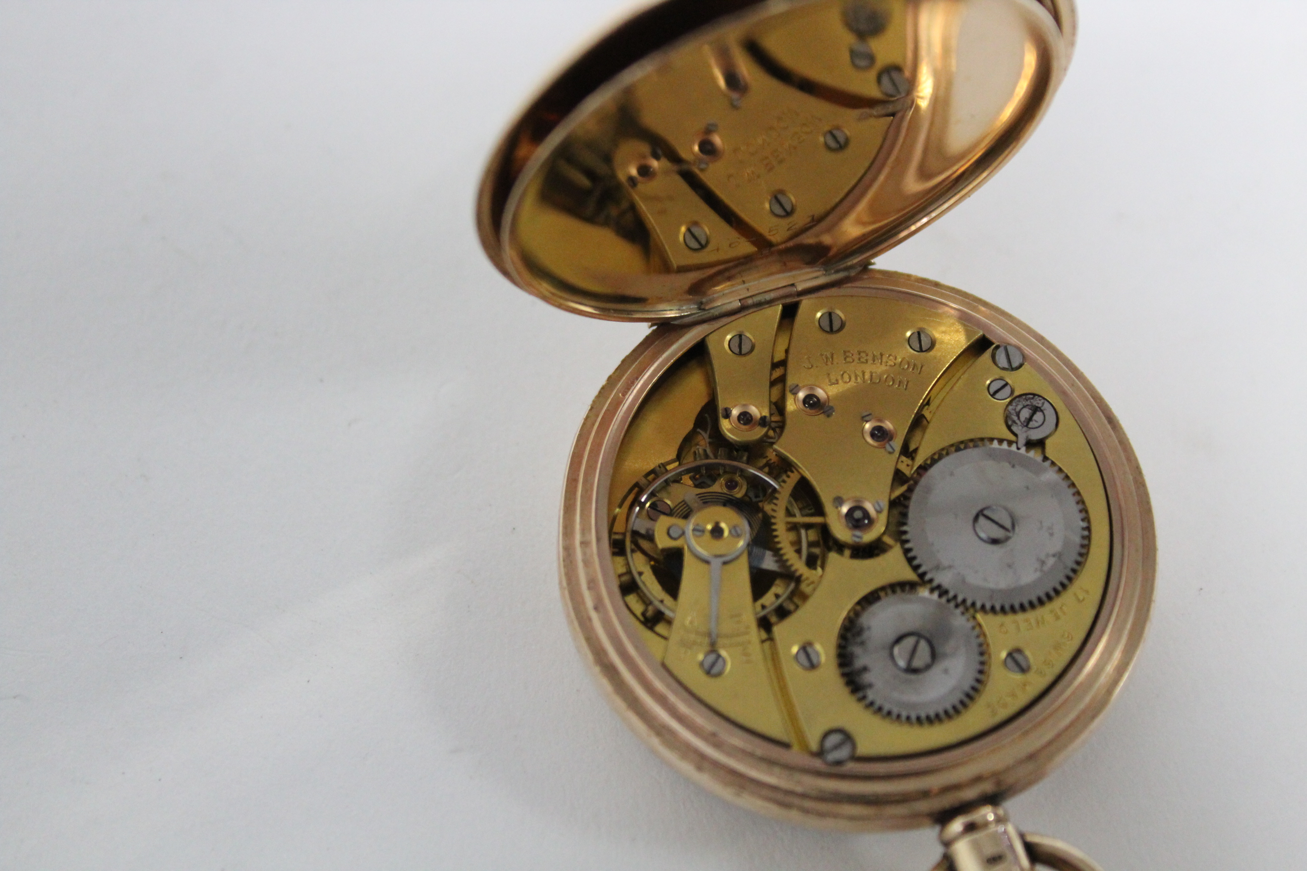 A 9ct. gold cased gent’s open-face pocket watch, the white enamel dial with black roman numerals & - Image 6 of 7