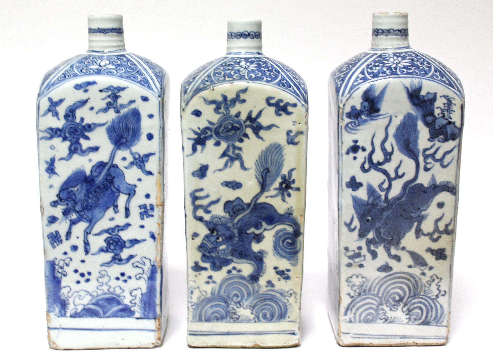 THREE CHINESE BLUE-&-WHITE PORCELAIN BOTTLE VASES, each of square section with short cylindrical - Image 4 of 16