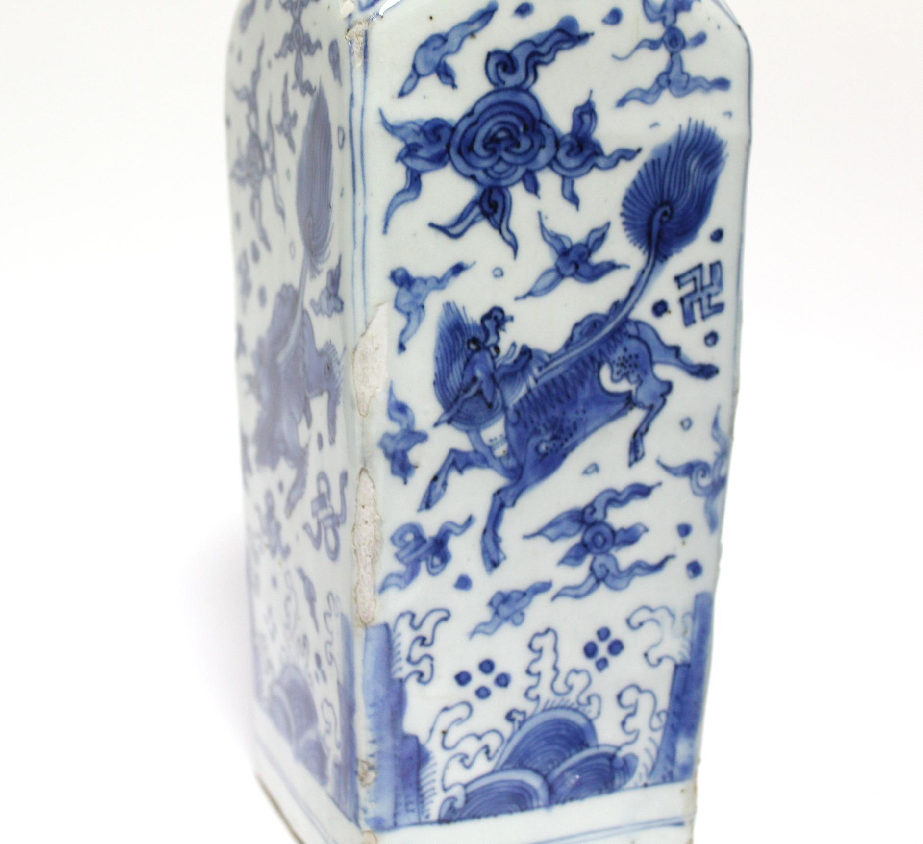 THREE CHINESE BLUE-&-WHITE PORCELAIN BOTTLE VASES, each of square section with short cylindrical - Image 14 of 16