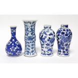 A Chinese blue-&-white porcelain Gu-shaped vase painted with opposing dragons amongst foliage, 6”; a