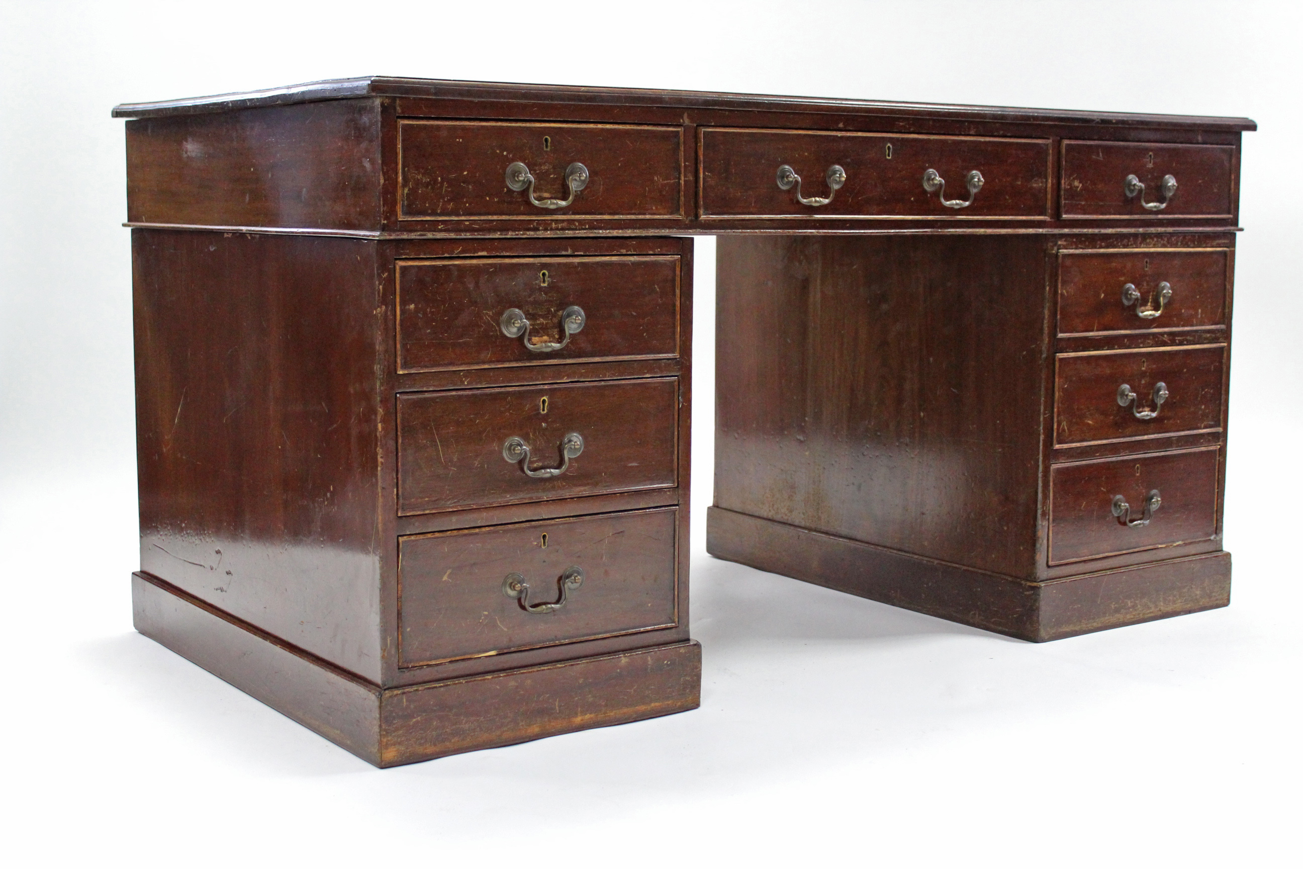 A George V mahogany pedestal desk with crimson tooled leather top, fitted nine drawers with brass - Image 2 of 10