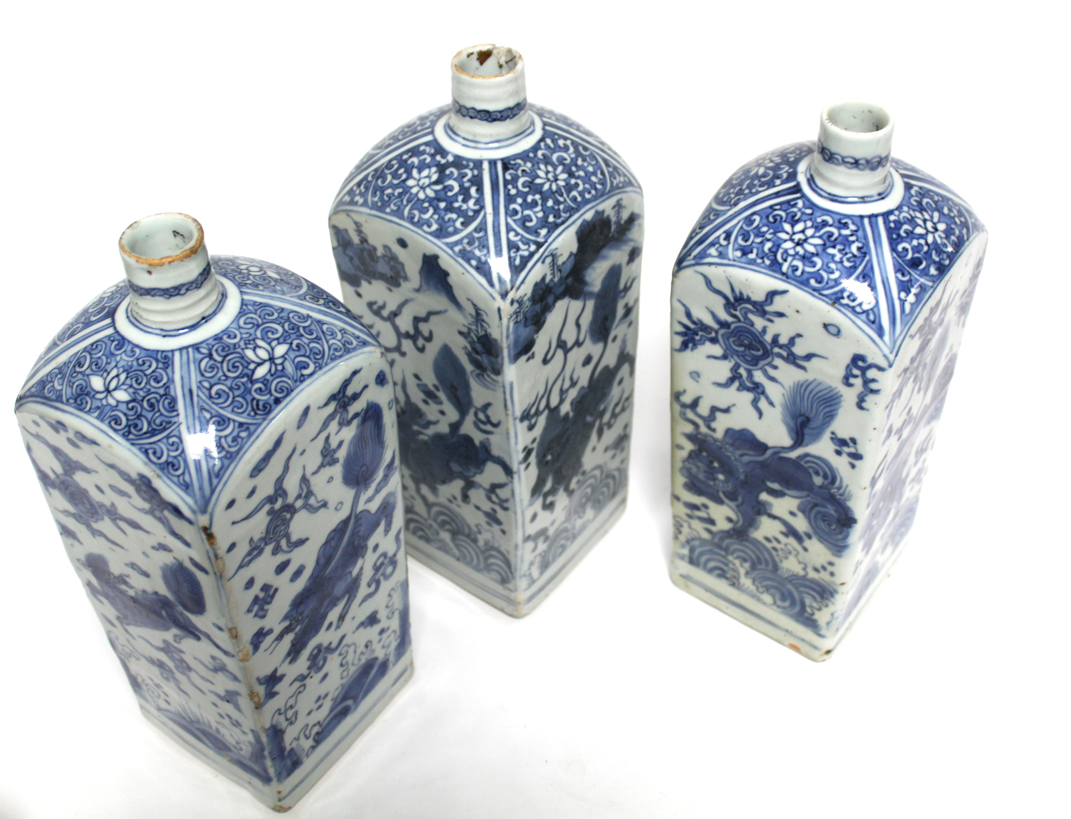 THREE CHINESE BLUE-&-WHITE PORCELAIN BOTTLE VASES, each of square section with short cylindrical - Image 7 of 16