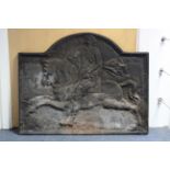 A 17th century-style cast-iron fireback with shaped top & scene of a man on horseback, dated 1649;
