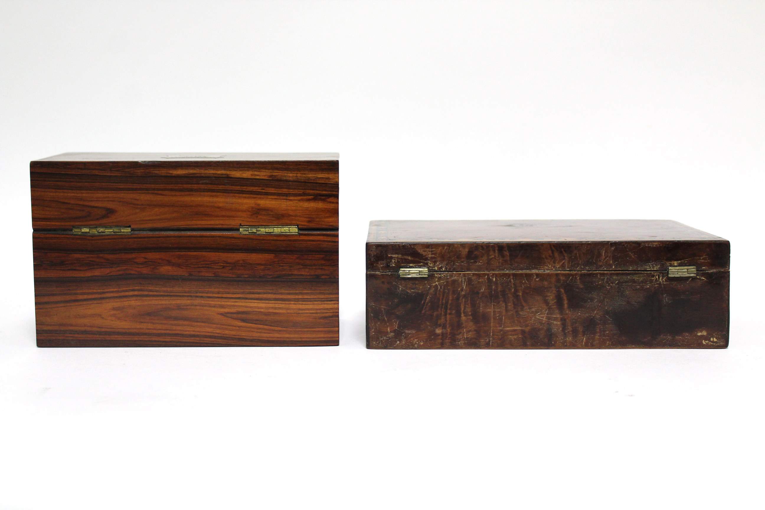 A 19th century tulipwood rectangular box with hinged lid & green morocco-lined interior, 7½” wide; & - Image 7 of 7
