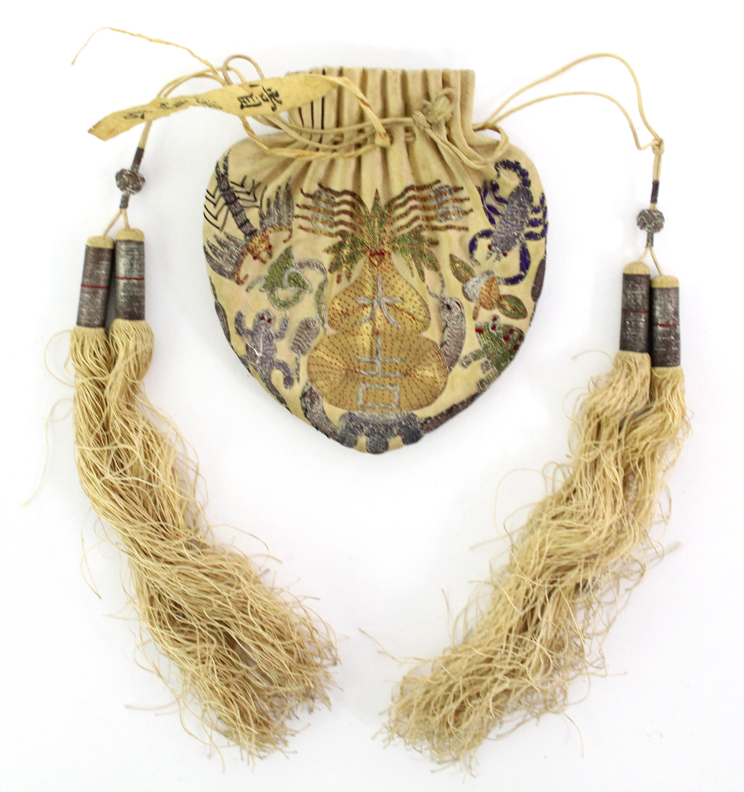 A late 19th/early 20th century Chinese silk purse decorated in gold, silver, & coloured thread