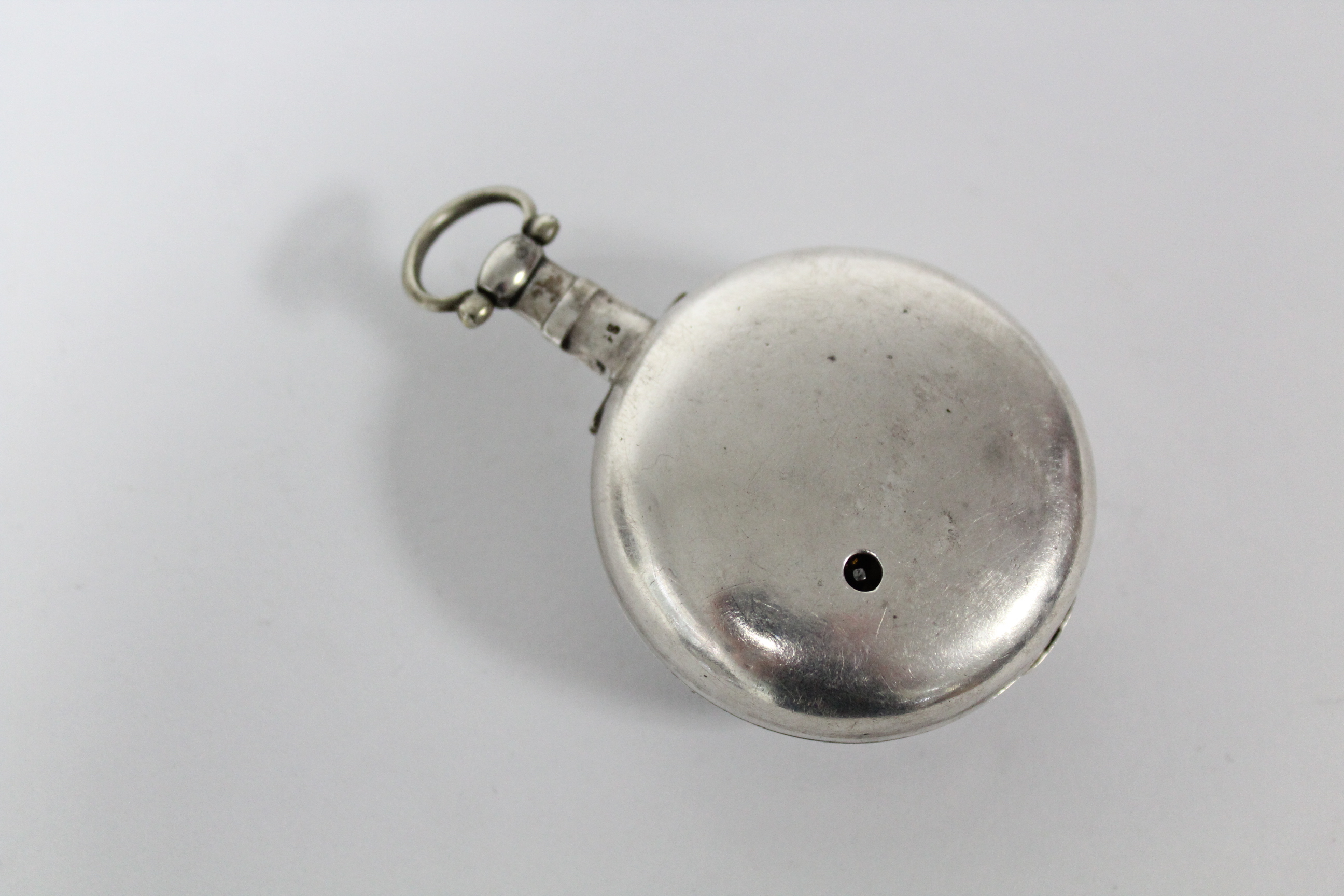 A George III silver pair-cased pocket watch with black roman numerals to the white enamel convex - Image 11 of 11