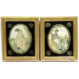 A pair of George III silk needlework & painted silk pictures depicting male & female rustic