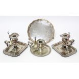 A pair of early 19th century chamber candlesticks, both with snuffers, on rectangular base, (w.a.