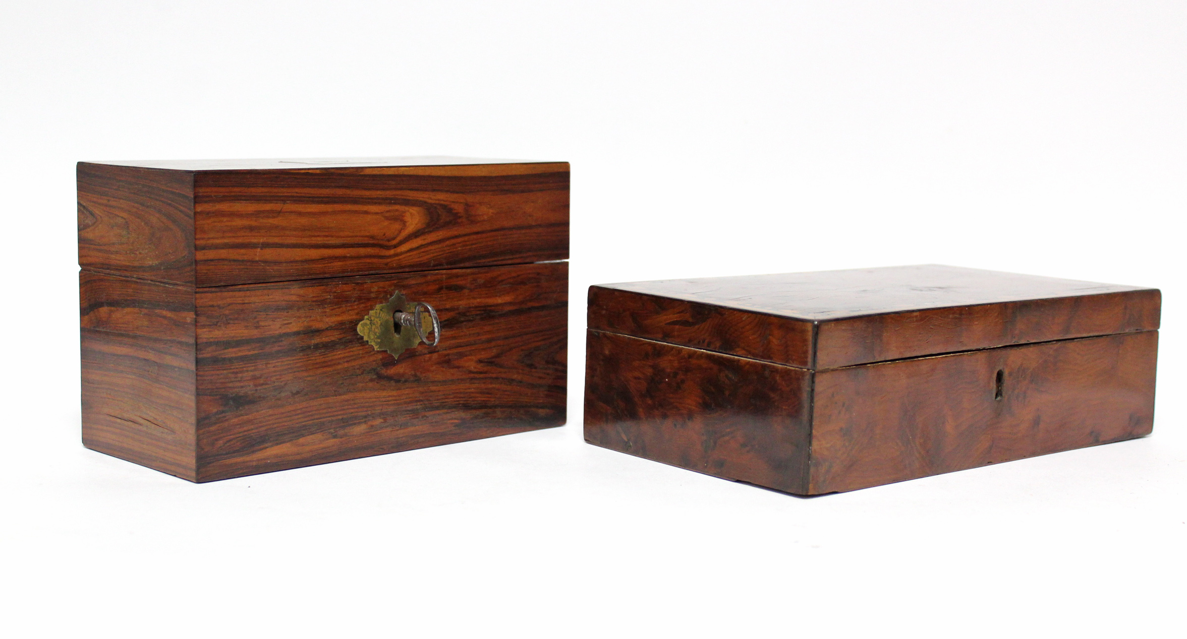 A 19th century tulipwood rectangular box with hinged lid & green morocco-lined interior, 7½” wide; &