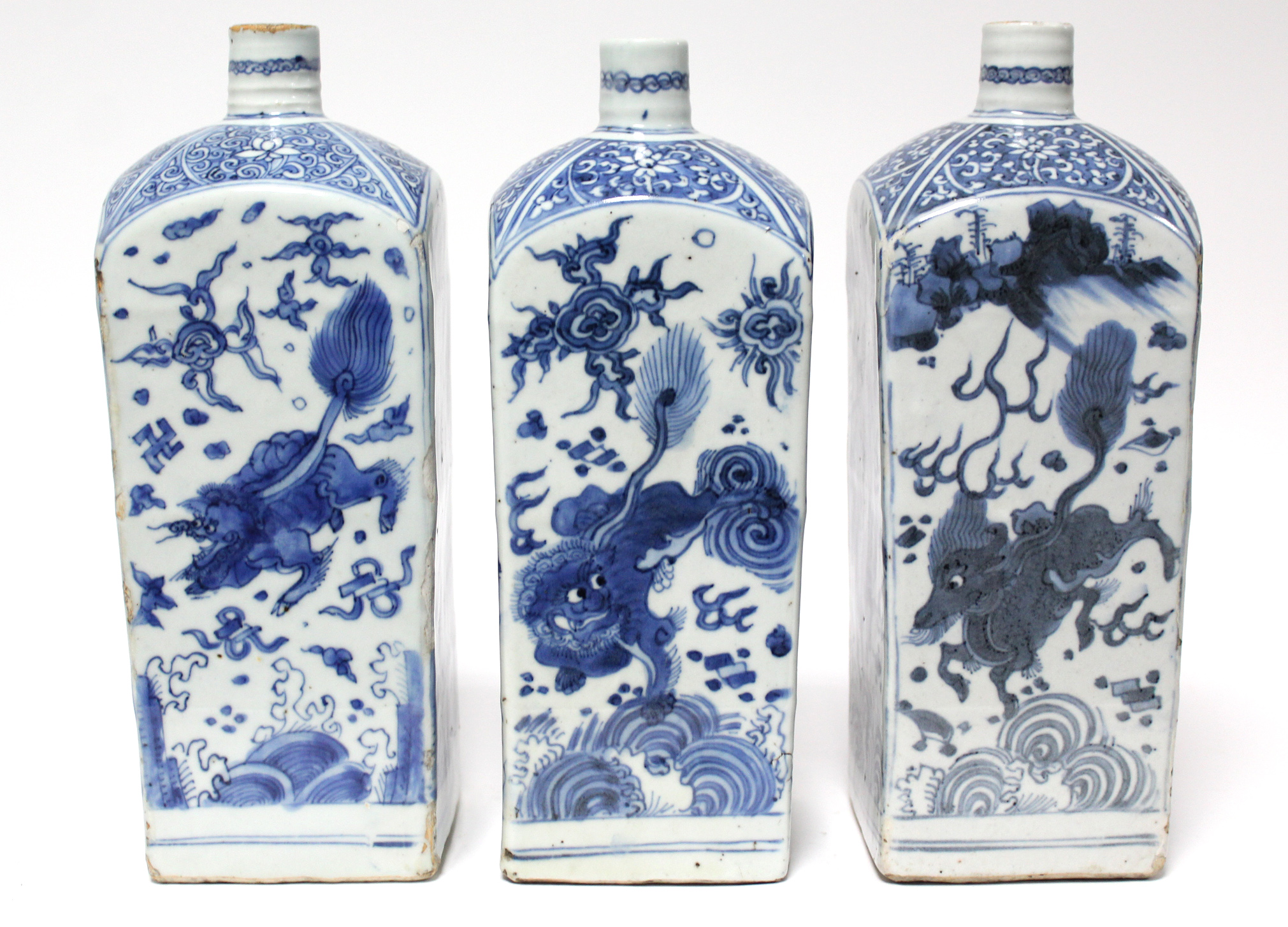 THREE CHINESE BLUE-&-WHITE PORCELAIN BOTTLE VASES, each of square section with short cylindrical - Image 6 of 16